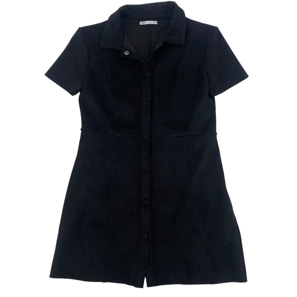 Zara Women’s Size Small Black Faux Suede Collared Button Front Dress 7901/157
